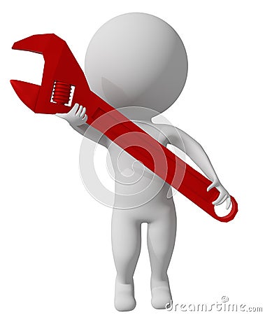 Repair wrench toon 3d white man character isolated fix - 3d rendering Stock Photo