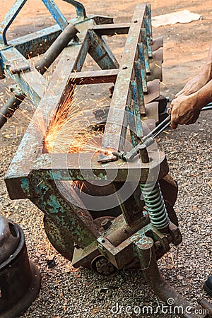 Repairing plows for tractors. Stock Photo