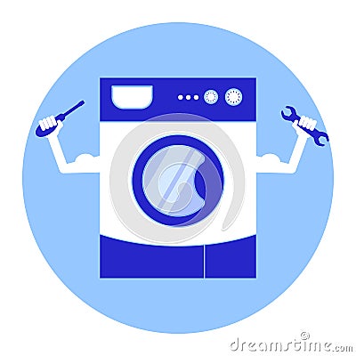 Repairing washing machine services. Stylized washing machine with arms and tools for repair in hands. Vector Illustration