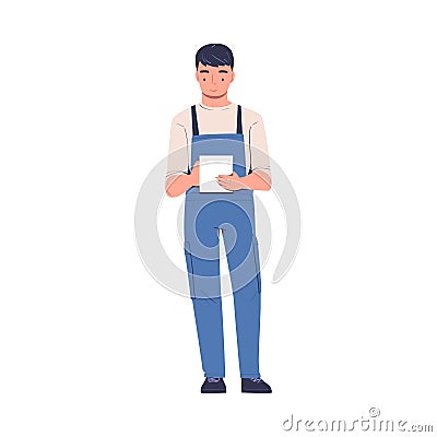 Repairman in Blue Overalls Standing and Writing Something Vector Illustration Vector Illustration