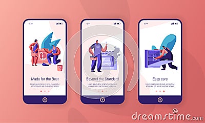 Repairman Fixing Appliance Mobile App Page Onboard Screen Set. Handyman Repair Washing Machine and Dish Washer Vector Illustration