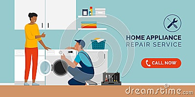 Repairman fixing appliances at home and happy customer Vector Illustration