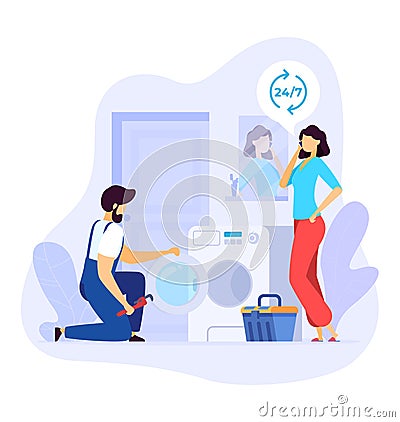 Repairman fixing washer as customer calls for service. Homemaker with laundry basket supervising appliance repair Vector Illustration