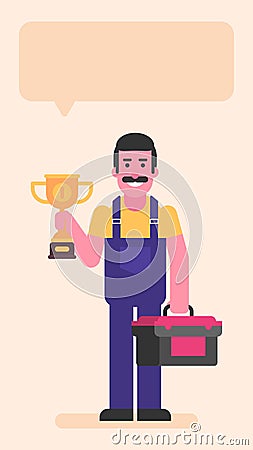 Repairman holding golden cup and suitcase with tools Vector Illustration
