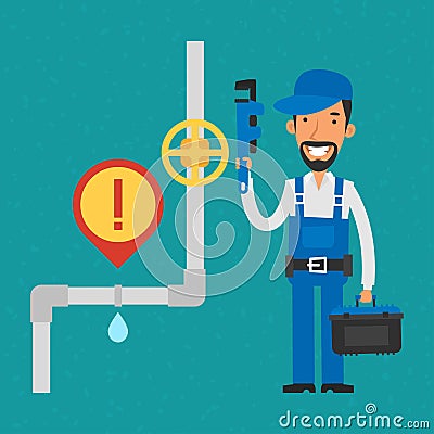 Repairman holding pipe wrench and smiling Vector Illustration