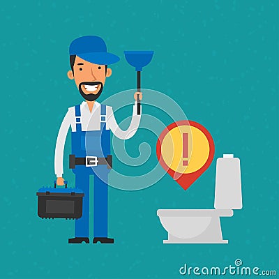 Repairman holding plunger and tools Vector Illustration