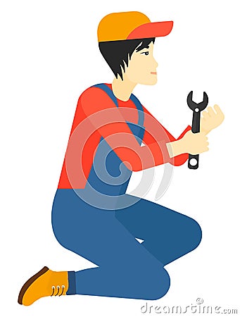 Repairman holding spanner. Vector Illustration