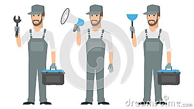 Repairman holding tools wrench megaphone plunger Vector Illustration