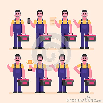 Repairman holds suitcase phone cup document. Character set Vector Illustration