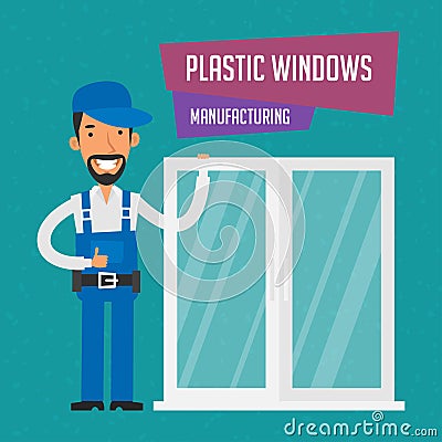 Repairman manufactures plastic windows Vector Illustration