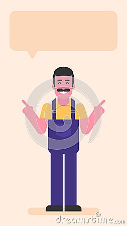 Repairman pointing fingers to side and smiles Vector Illustration