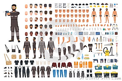 Repairman or serviceman creation kit. Bundle of male cartoon character body details, faces, gestures, clothes, working Vector Illustration