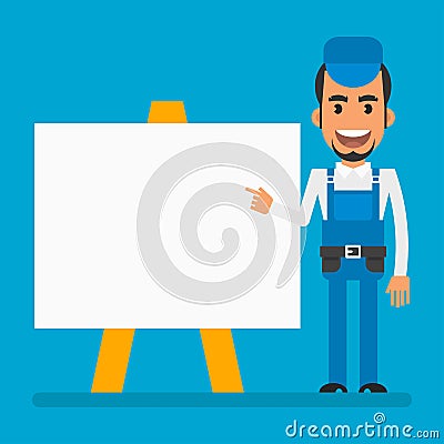 Repairman smiling and pointing finger on blank flip chart. Flat people Vector Illustration