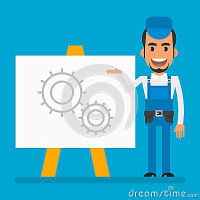 Repairman smiling and pointing with hand on flip chart with drawing gears. Flat people Vector Illustration