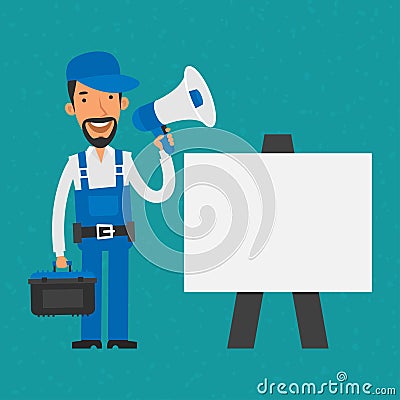 Repairman standing near flip-chart holding megaphone Vector Illustration