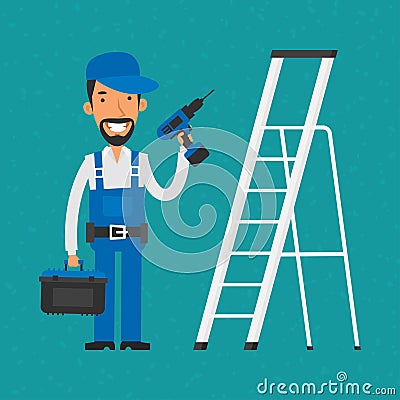 Repairman standing near stairs holding electric screwdriver Vector Illustration