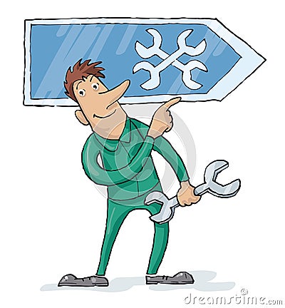 Repairman With a Wrench Standing at a Workshop Sign Vector Illustration