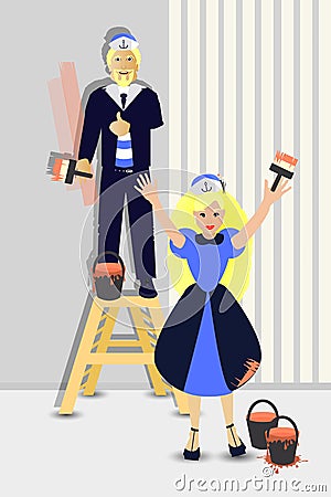 Repairs. Brush and roller for paint. Painting Vector Illustration