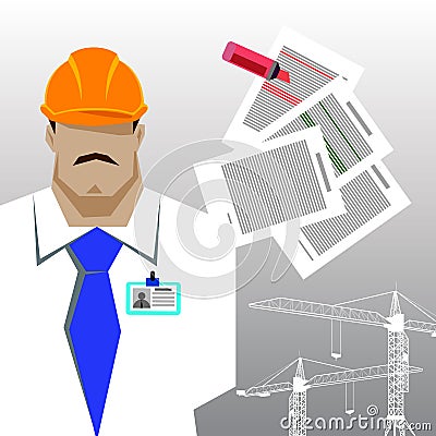 Repairs, Construction builder in yellow helmet working with different tools. Engineer. Worker. Flat design illustration. Stock Photo