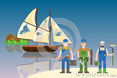 Repairs old ships in bottles, vector illustration. Team character builders in work clothes standing with tools near Vector Illustration