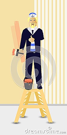 Repairs. Painting works. Man is a captain Vector Illustration