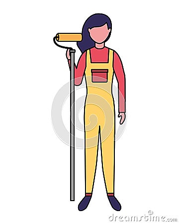 Repairwoman with roller paint professional labor Vector Illustration