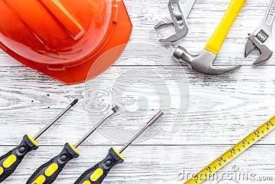 Reparing home concept. Tools on wooden desk background top view copyspace Stock Photo