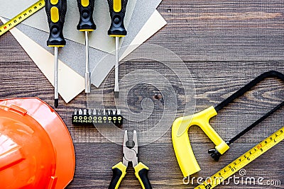 Reparing home concept. Tools on wooden desk background top view copyspace Stock Photo