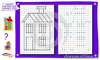 Repeat the image by example, connect the dots with straight lines and color the house. Logical puzzle game for kids. Vector Illustration