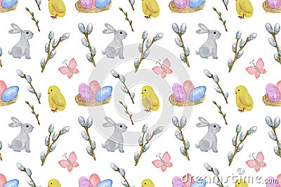 Repeat pattern of cute little yellow chicken, bunny, nest with eggs, and willow branches, cartoon style Cartoon Illustration