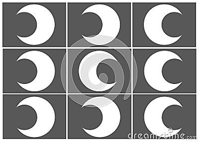 Repeat patterns of a crescent moon shape against a rectangular backdrop of dark grey Cartoon Illustration