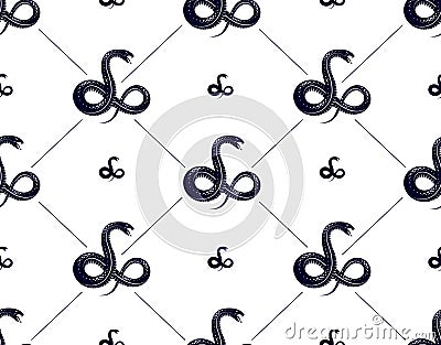 Repeat snakes seamless vector pattern, tiling endless background with venom reptiles in vintage style, subculture rock n roll and Vector Illustration