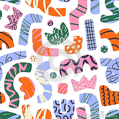 Repeatable pattern of different doodles. Endless background of abstract geometric shapes, curved lines, crooked figures Vector Illustration