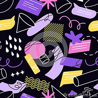 Repeatable pattern of different doodles, speech bubbles, outline geometric shapes. Geometry print with maths figures Vector Illustration
