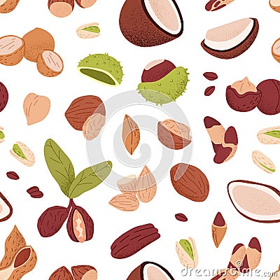 Repeatable pattern of different nuts. Endless background with hazelnut, almond, walnut in shell, peanuts, cedar seeds Vector Illustration