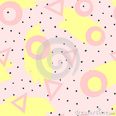 Repeated brush strokes and geometric shapes drawn by hand. Stylish geometric seamless pattern for girls. Vector Illustration