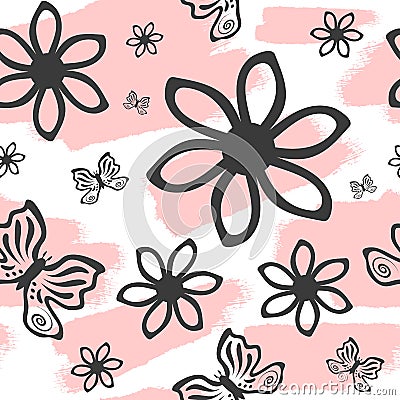 Repeated brush strokes, outlines of flowers and butterflies. Cute seamless pattern. Vector Illustration