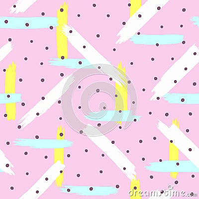 Repeated brush strokes and round spots. Abstract colour seamless pattern for children. Sketch, watercolor, paint. Vector Illustration