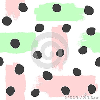 Repeated brush strokes and round spots. Abstract watercolor seamless pattern. Grunge, sketch, paint. White, pink, green, black. Vector Illustration