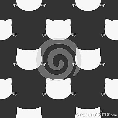 Repeated cat`s head. Seamless pattern. White silhouettes on a black background. Vector Illustration