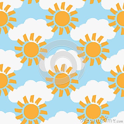 Repeated clouds and suns painted with a rough brush. Colour seamless pattern. Vector Illustration