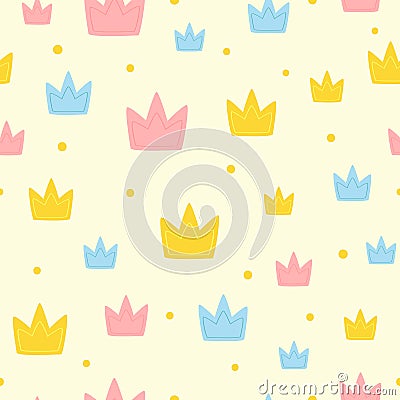 Repeated colored crown and round dots. Cute girly seamless pattern. Vector Illustration