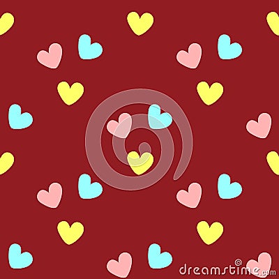 Repeated coloured hearts. Cute seamless pattern. Simple romantic print. Vector Illustration