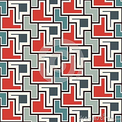 Repeated creative puzzle mosaic abstract background. Seamless surface pattern design with simple geometric ornament Vector Illustration