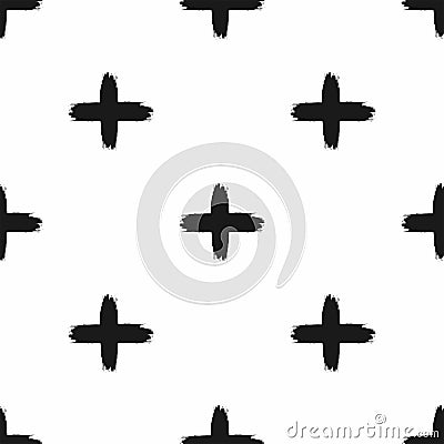 Repeated crosses drawn with a rough brush. Seamless pattern with black pluses on a white background. Paint, ink, watercolor. Vector Illustration