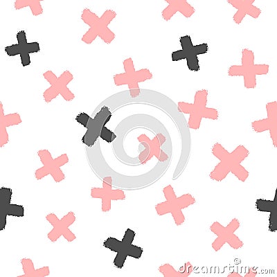 Repeated crosses painted with rough brush. Simple seamless grunge pattern. Sketch, watercolour, graffiti. Vector Illustration