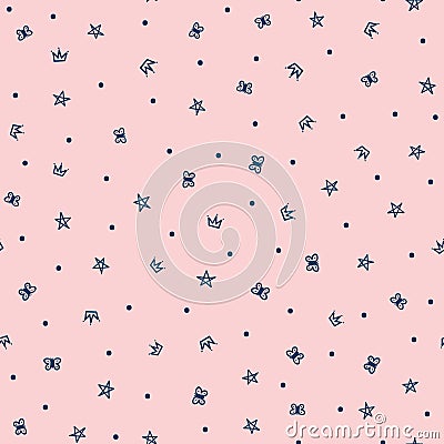 Repeated crown, stars, butterflies and polka dot. Cute girly seamless pattern drawn by hand. Vector Illustration