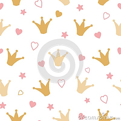 Repeated crowns and hearts drawn by hand gold pattern Romantic girl seamless background Cartoon Illustration