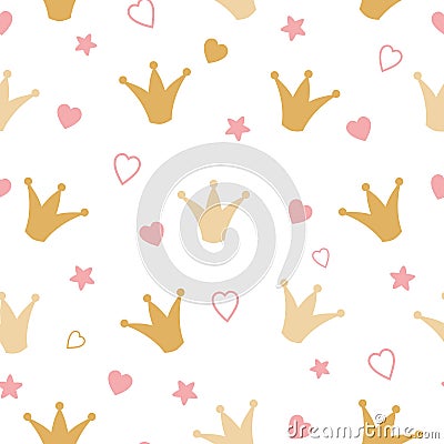 Repeated crowns and hearts drawn by hand gold pattern Romantic girl vector seamless background Vector Illustration