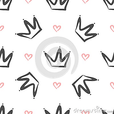 Repeated crowns and hearts drawn by hand. Simple seamless pattern. Sketch, doodle, scribble. Vector Illustration